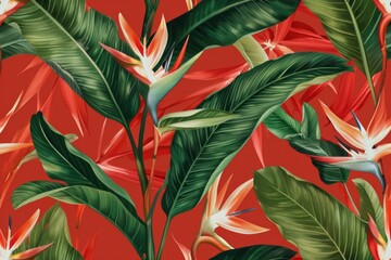 Colorful painting of birds on a vibrant red backdrop, perfect for nature-themed designs