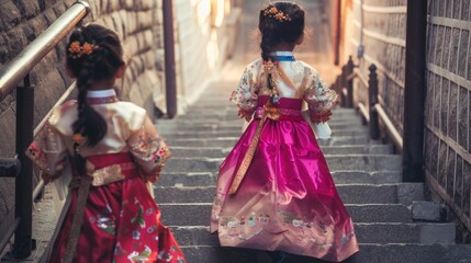 Fototapeta premium Two little girls in Korean attire walking down stairs. Suitable for cultural and travel themes