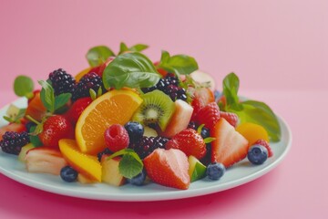 A white plate topped with fruit and greens. Suitable for food and healthy eating concepts