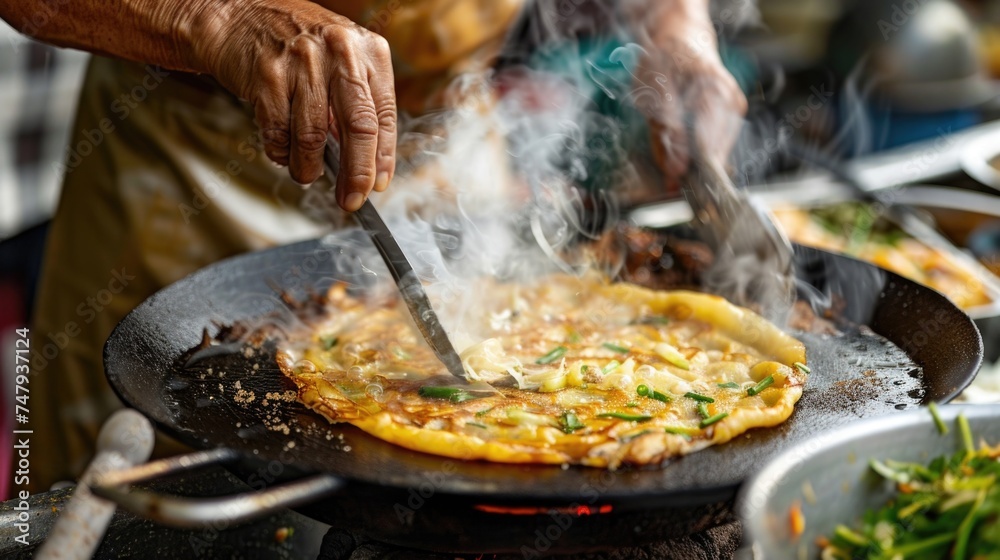 Poster A person cooking food on a stove, suitable for culinary and kitchen concepts