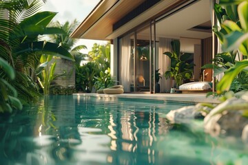 A serene pool in a lush tropical garden. Perfect for travel brochures or relaxation concepts