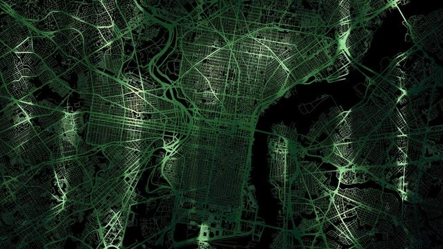 Zoom in road map of Philadelphia Pennsylvania with green glowing roads on a black background.