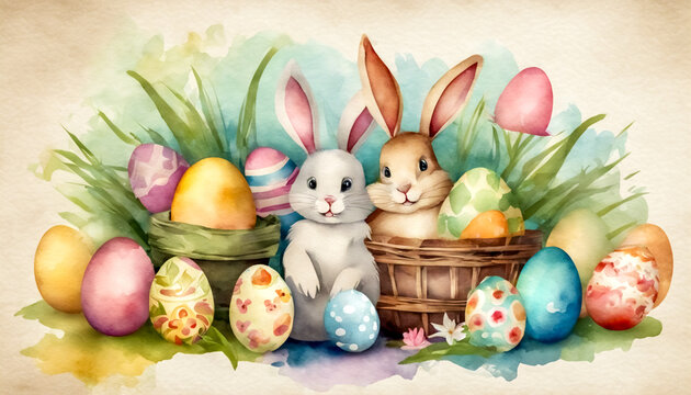 Auguri di Pasqua- Poster Vintage con Acquerelli, Simpatico Coniglietto e Uova Dipinte