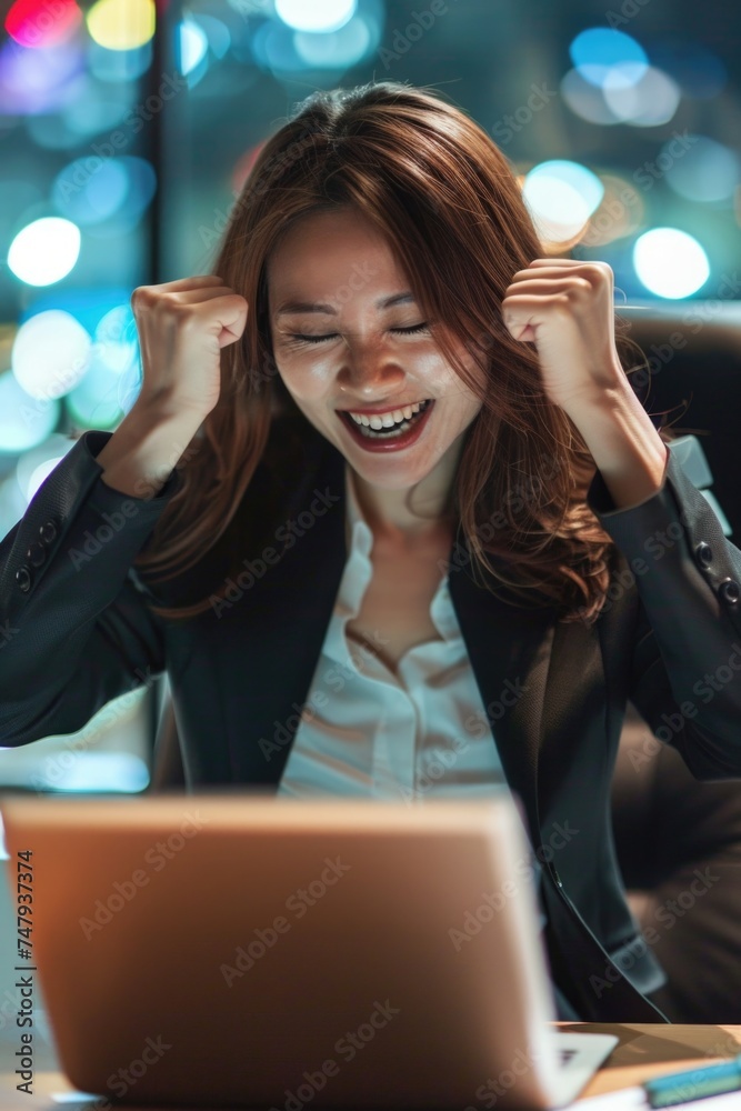 Poster a woman sitting in front of a laptop computer. suitable for business or technology concepts