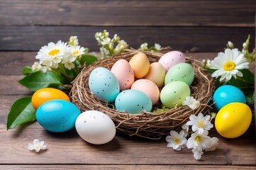 Obraz na płótnie Canvas the decoration Happy Easter concept, colorful decoration eggs on the nest, the spring flowers around the nest. all of them on the wood background