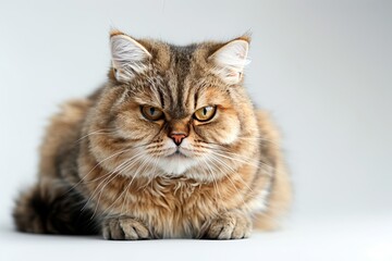 Obraz premium Cat with a dissatisfied face looking at camera, Chubby tabby Cat Sitting, on white background