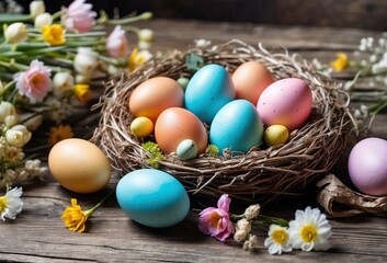 Fototapeta na wymiar the decoration Happy Easter concept, colorful decoration eggs on the nest, the spring flowers around the nest. all of them on the wood background