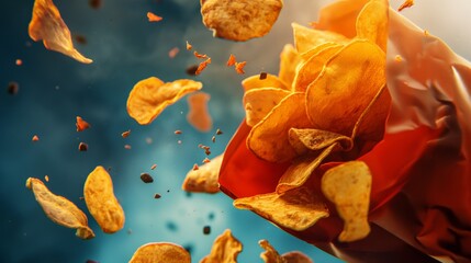 A bag of chips with chips flying out, along with shattered small chips