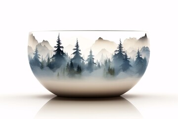 a bowl with trees and mountains