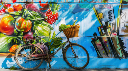 Obraz premium Urban Lifestyle Scene, Bicycle Against Colorful Street Art Wall with Fresh vegetables and fruits