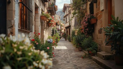 A charming cobblestone street with lush potted plants, ideal for urban and travel themes