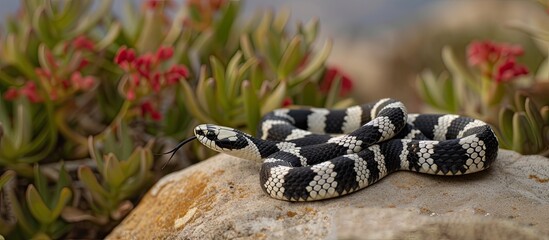 A black and white striped California King Snake is curled up on a rock in Monterey, California. The snakes pattern blends in with the rocky surface as it remains still.