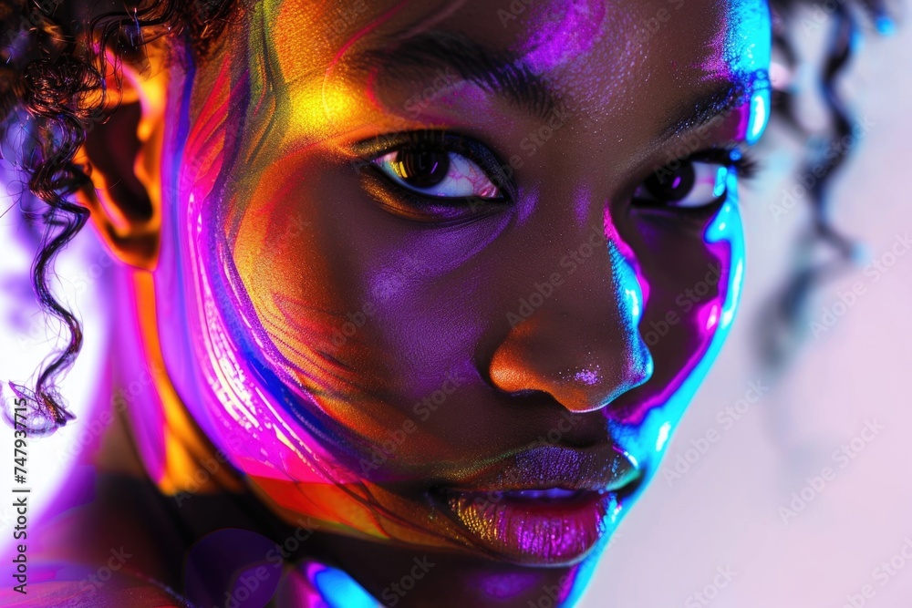 Poster close up of a woman's face with a colorful light, suitable for various projects