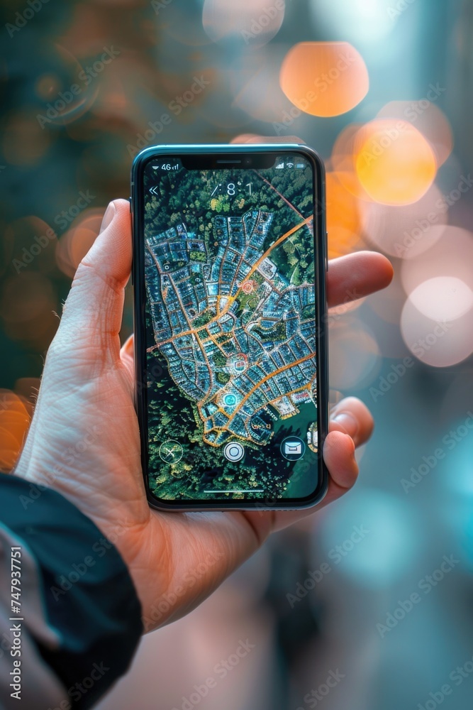 Poster A person holding up a cell phone with a map displayed on the screen. Suitable for travel and navigation concepts