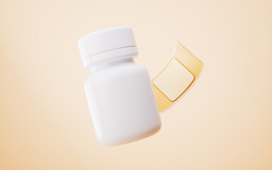 White medical package bottles and adhesive bandage, 3d rendering.
