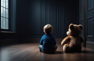 Lonely child with teddy bear in empty room turned to wall,depressed restless state of boy - obrazy, fototapety, plakaty