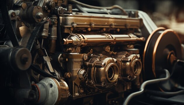 Industrial background. Engine of an old car