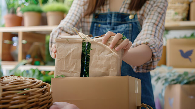 Eco vendor go green packaging parcel carton box in net zero waste store asian seller retail shop. Earth care day small SME owner asia people wrap reuse brown paper pack gift reduce plastic free order.
