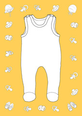 Handgezeichnetet Illustrationen zum Thema Baby und Familienplanung als Linienzeichnung mit weißer Füllung auf gelbem Untergrund
