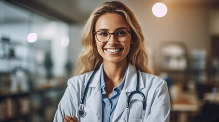 Medical concept of Indian beautiful female doctor in white coat with stethoscope, waist up. Medical student. Woman hospital worker looking at camera and smiling, studio, gray background - obrazy, fototapety, plakaty