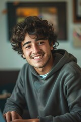 A young man sitting at a table with a laptop. Suitable for business and technology concepts