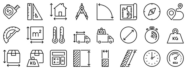 Icon set about measuring. Line icons on transparent background with editable stroke.