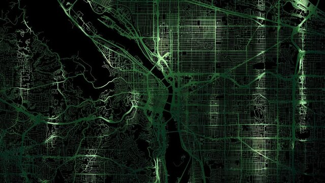 Zoom in road map of Portland Oregon with green glowing roads on a black background.