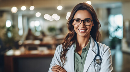 Beautiful cheerful woman doctor wears white gown, glasses and phonendoscope, keeps hands crossed, looks confidently at camera, has short dark hair, stands against white background, works in clinic - obrazy, fototapety, plakaty
