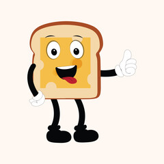 Happy Bread Slice Cartoon Mascot Character, Funny Sandwich Cartoon Vintage Bread Character Retro Style Bread Logo Vector Illustration 60s 70s Bread Retro Style