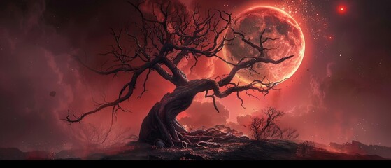 A twisted tree with skeletal branches reaching towards a blood-red moon