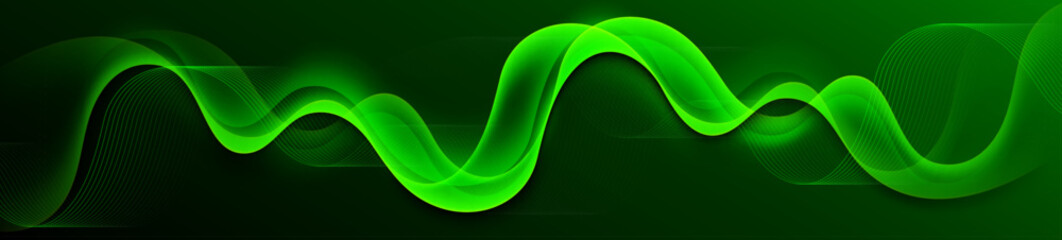 Dark green abstract background with glowing neon green flowing wave. Dynamic wave. Modern shiny wavy lines. Fluid gradient. Futuristic design. Suit for cover, header, wallpaper, website