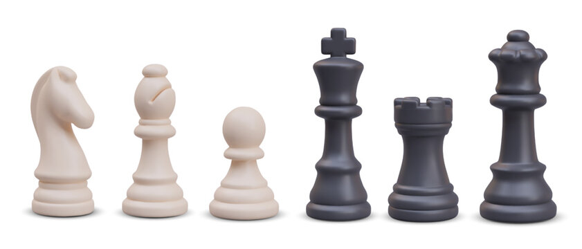 White and black chess pieces lined up in row. Realistic knight, bishop, pawn, king, rook, queen