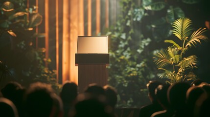 book launch event with a mockup displayed on a stylish podium