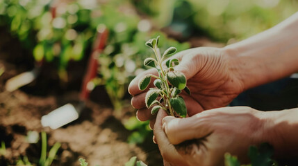 Close-up of Person's Hands Cultivating Green Plant with Garden Equipment