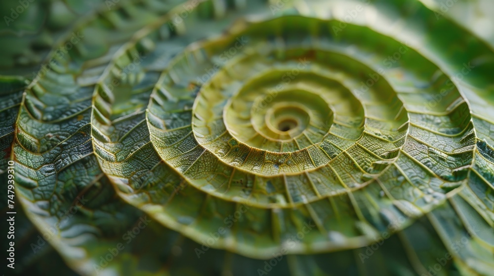 Poster close up of a green leaf with a spiral design. suitable for nature and abstract concepts