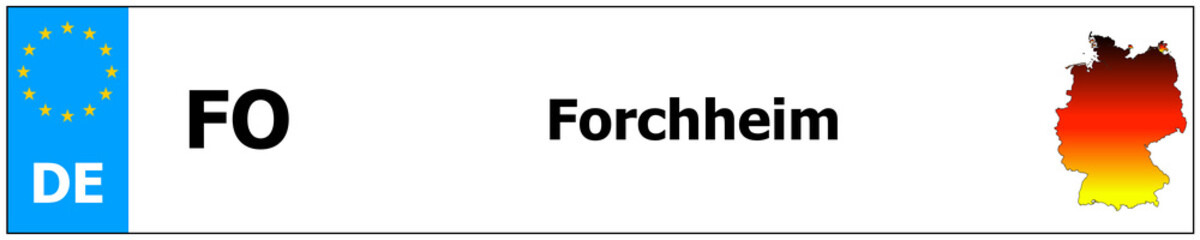 Forchheim car licence plate sticker name and map of Germany. Vehicle registration plates frames German number