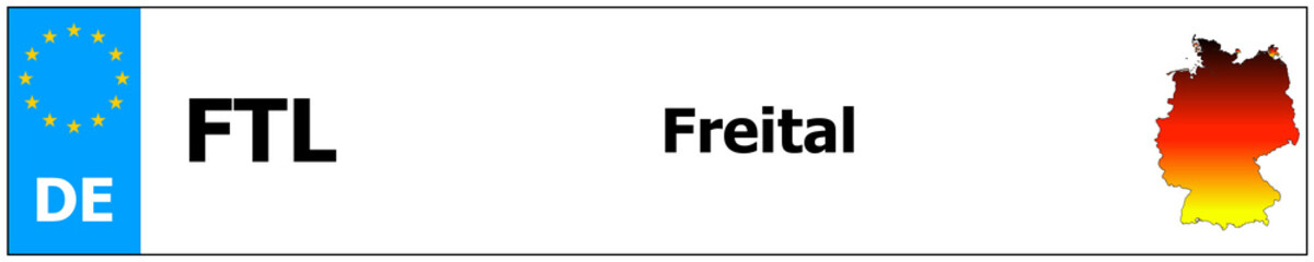 Freital car licence plate sticker name and map of Germany. Vehicle registration plates frames German number