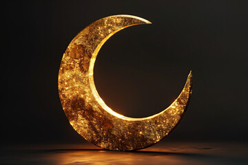 3d islamic gold crescent moon isolated on black background. ramadan kareem holiday celebration concept