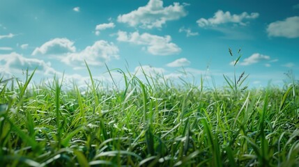 Beautiful landscape with green grass field and clear blue sky. Perfect for nature backgrounds