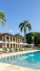 Luxurious tropical resort pool with sparkling blue water and lush greenery on a sunny day