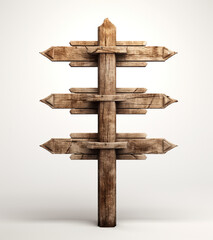 a wooden signpost with three directional points showing the way, in the style of pulled, scraped, and scratched, white background сreated with Generative Ai