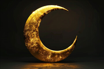 3d islamic gold crescent moon isolated on black background. ramadan kareem holiday celebration concept - obrazy, fototapety, plakaty