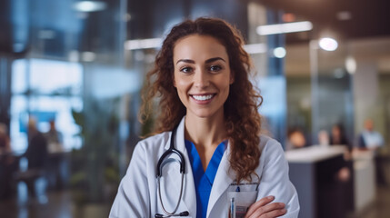 Portrait of female doctor standing outside hospital clinic smiling