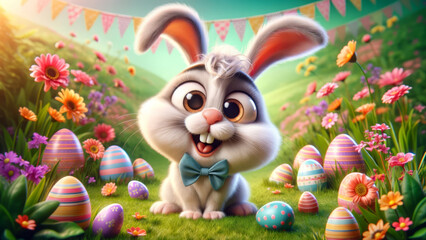 Cheerful Easter Bunny Enjoying Bright Spring Day. cute Easter bunny sits among painted eggs and blooming flowers on sunny day. - 747939793