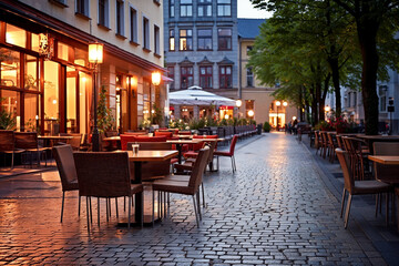 Fototapeta na wymiar Cozy city restaurant terrace on cobbled street during tranquil evening