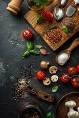 A variety of fresh vegetables and spices neatly arranged on a wooden cutting board. Perfect for recipe blogs and cooking websites