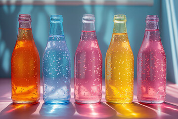 Glass bottles with a rainbow effect, solarization. Close up. Summer vibes. Selective focus. Copy space
