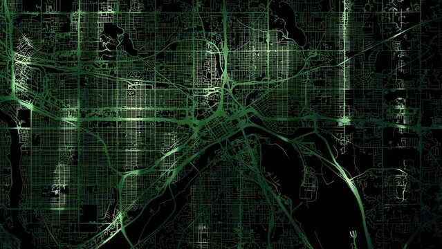 Zoom in road map of SaintPaul Minnesota with green glowing roads on a black background.