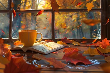 Naklejka na ściany i meble Autumn Leaves and Coffee A Cozy Fall Moment Generative AI