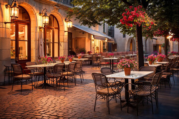 Elegant outdoor cafe with floral decor on cobbled street at twilight